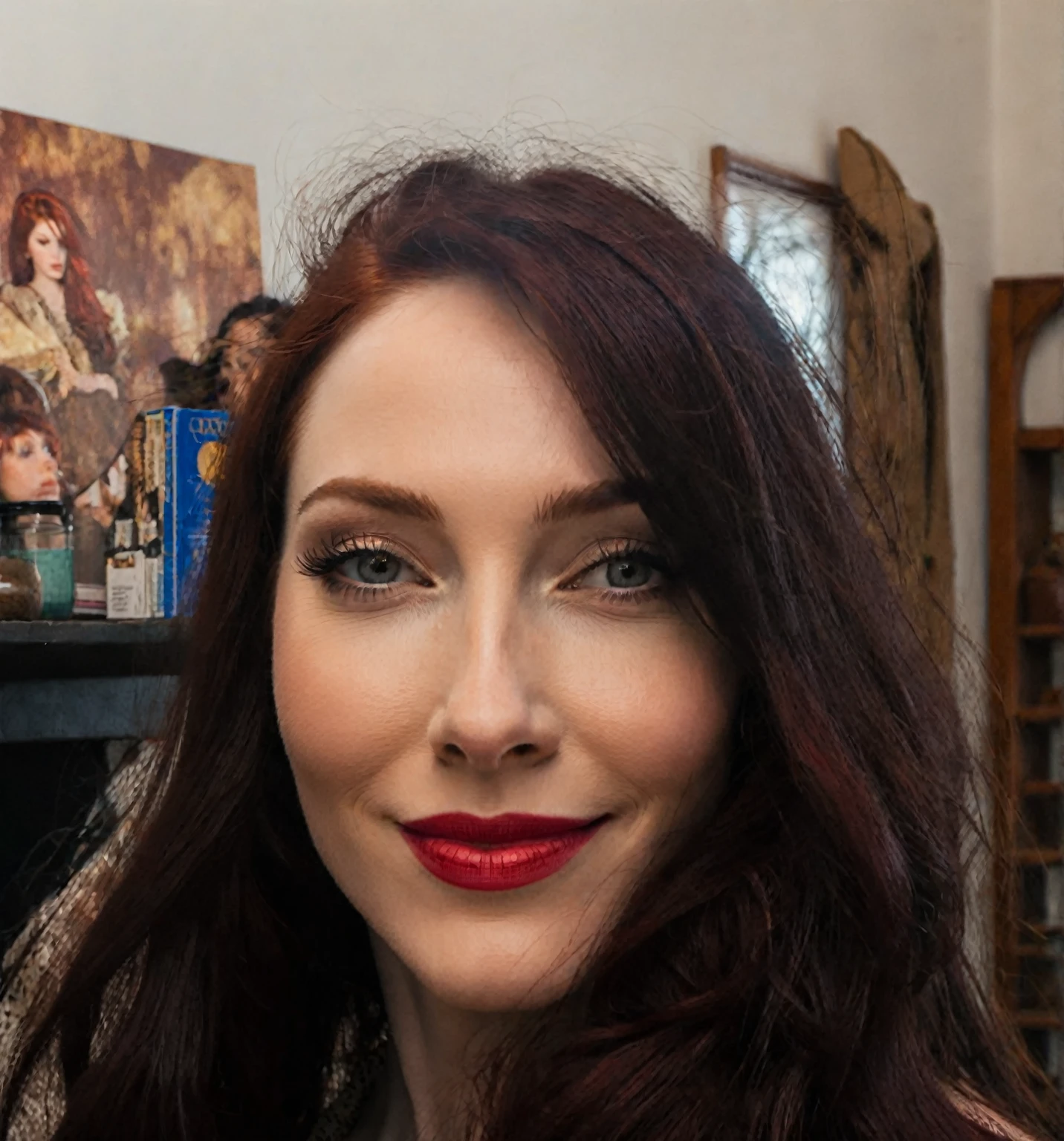 arafed woman with long dark hair and red hair, with pale skin, soft smile, profile image, looking to the side off camera, high quality portrait, pale skin and dark eyes, color portrait, looking to the side, portrait image, sultry look, anastasia ovchinnikova, inspired by Jessie Alexandra Dick, headshot profile picture, tiffany dover