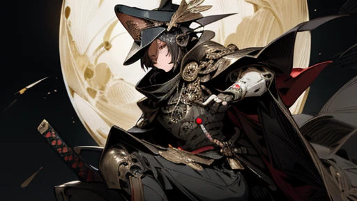 masterpiece,best quality,super detailed,super fine illustration,anime style,8K,mascarede mask,uniform,military cap,Cape,sheath,holding_katana,Taisho Romance,moon,robot,MECA,droid,Luo Linghun,Cool pose,