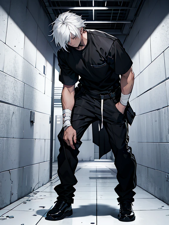 Human Male , Black shirt ,Desset ,Hair over eyes , white Messy hair ,Full body , Prison clothing , Bandage on hands
