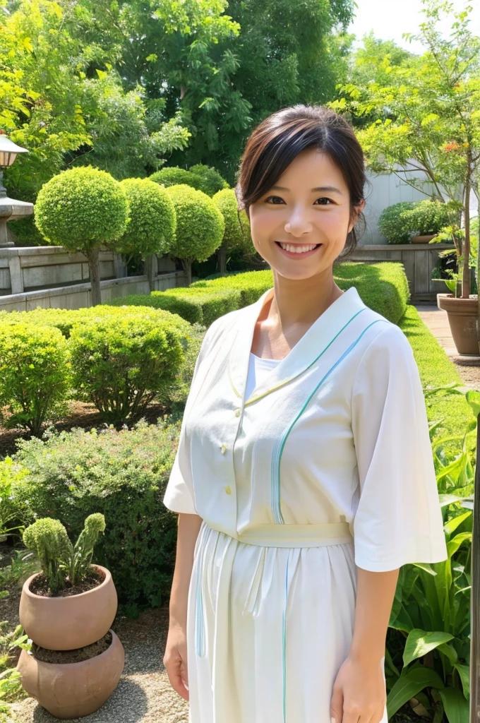 ((Highest quality)), ((masterpiece)), (detailed), Japanese, 40 years old, Beauty, front,Diagonal orientation、smile, Nagoya, Single Mother,Natural Photography,garden、White clothes