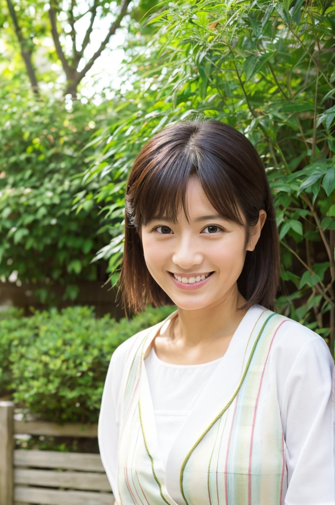((Highest quality)), ((masterpiece)), (detailed), Japanese, 40 years old, Beauty, front,Diagonal orientation、smile, Nagoya, Single Mother,Natural Photography,garden、White clothes
