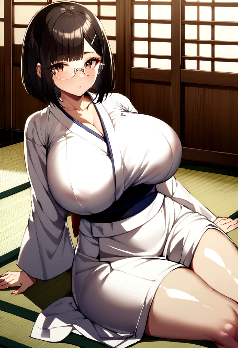 intricate detailed, detailed skin, detailed hair, 1girl, original, black hair, bob cut, shiny skin, beautiful brown eyes, huge breasts, rimless eyewear, cowboy shot, sitting on zabuton, tatami, Japanese style room, yukata ,