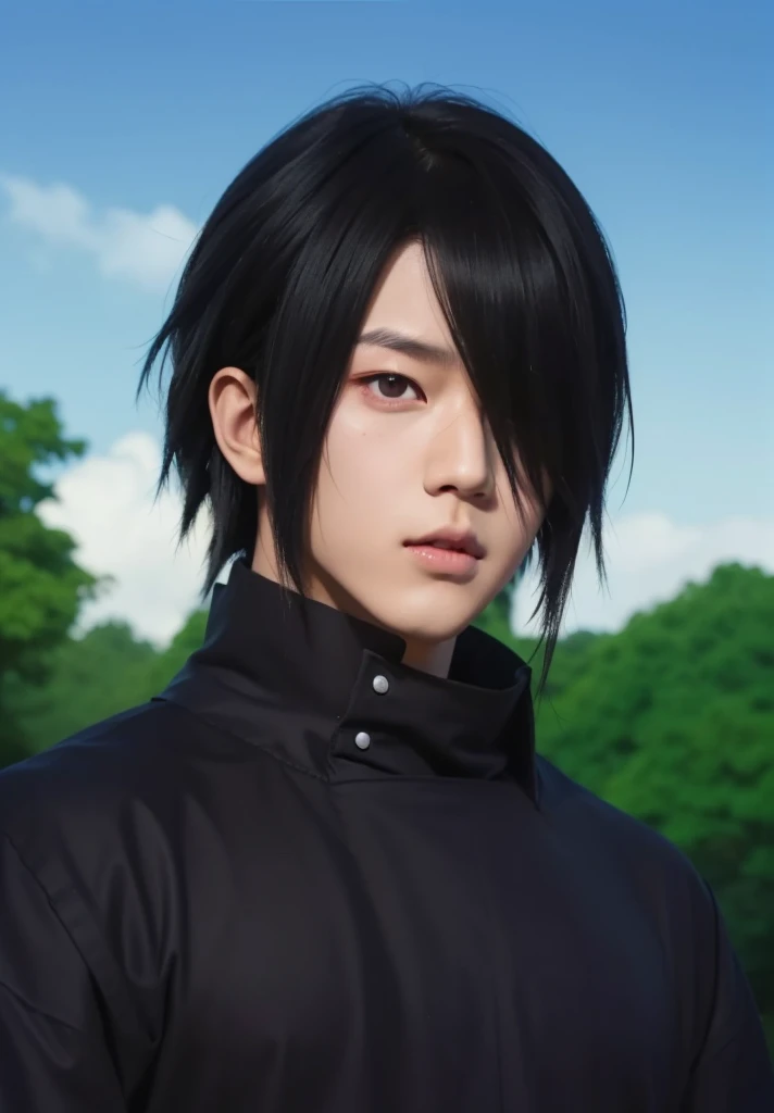 real Life adaption of this character,his name is Sasuke uchiha from anime naruto ,hyper realistic,detail realistic hairstyle ,(1 eye covered by hair), high resolution, photorealistic,very detailed,realistic outfit Black robe ,((korean teen handsome)) ,detailed realistic shining eyes,(photorealistic:1.4),(realism),realistic skin,,realistic ligh,realistic shadow,sharpen