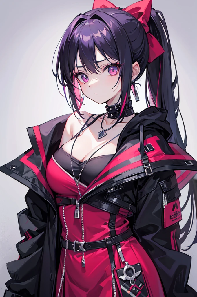 The female character shown in the images has the following characteristics: - **Hair**: Black with bright pink highlights. She has a high ponytail hairstyle, often tied with a large red bow. - **Eyes**: Large, blue in color and very expressive. - **Skin**: Claire **Face**: She wears a mask that *Clothing**: She is seen in casual clothes like a purple hoodie, as well as more gothic/punk outfits with patterns in red and black checks, accessories like necklaces and earrings. - **Accessories**: She often has a bloody knife in her hand and wears necklaces, including one with the name "JEFF" and another with "NINA". - **Posture**: She adopts relaxed but threatening postures, adding to her dangerous appearance.