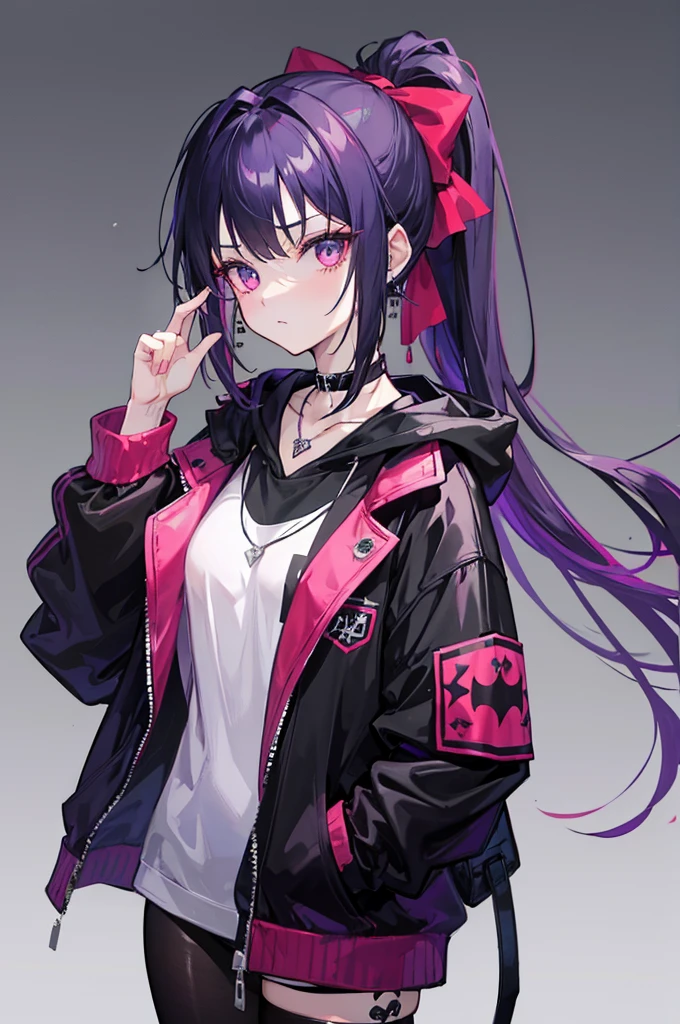 The female character shown in the images has the following characteristics: - **Hair**: Black with bright pink highlights. She has a high ponytail hairstyle, often tied with a large red bow. - **Eyes**: Large, blue in color and very expressive. - **Skin**: Claire **Face**: She wears a mask that *Clothing**: She is seen in casual clothes like a purple hoodie, as well as more gothic/punk outfits with patterns in red and black checks, accessories like necklaces and earrings. - **Accessories**: She often has a bloody knife in her hand and wears necklaces, including one with the name "JEFF" and another with "NINA". - **Posture**: She adopts relaxed but threatening postures, adding to her dangerous appearance.