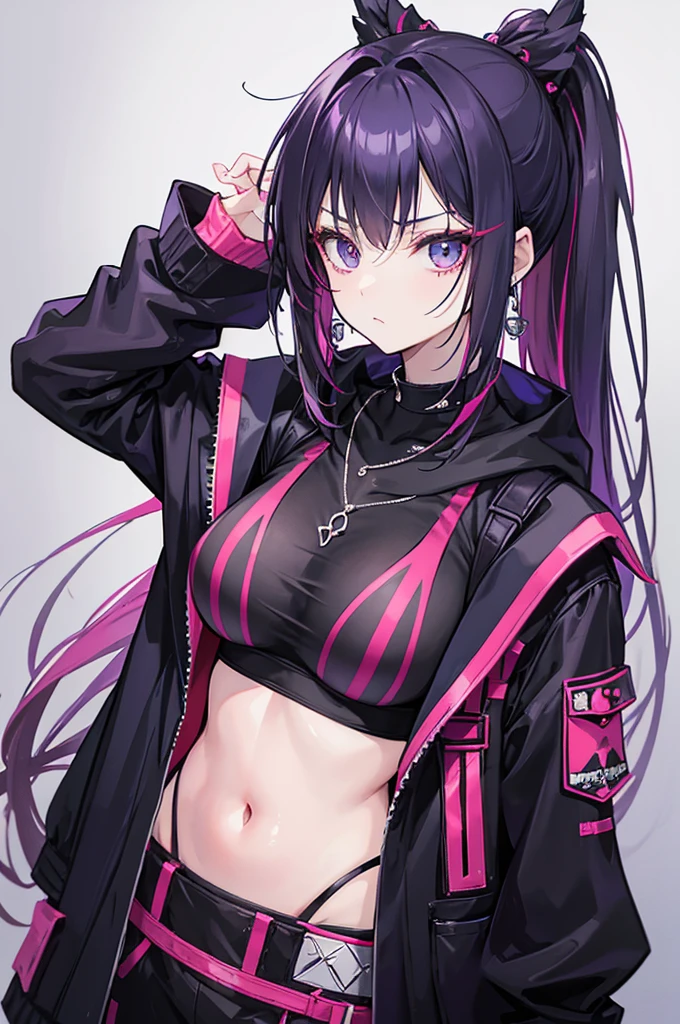 The female character shown in the images has the following characteristics: - **Hair**: Black with bright pink highlights. She has a high ponytail hairstyle, often tied with a large red bow. - **Eyes**: Large, blue in color and very expressive. - **Skin**: Claire **Face**: She wears a mask that *Clothing**: She is seen in casual clothes like a purple hoodie, as well as more gothic/punk outfits with patterns in red and black checks, accessories like necklaces and earrings. - **Accessories**: She often has a bloody knife in her hand and wears necklaces, including one with the name "JEFF" and another with "NINA". - **Posture**: She adopts relaxed but threatening postures, adding to her dangerous appearance.