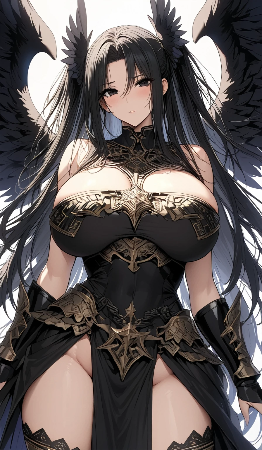 Masterpiece, Very detailed, Ultra-detailed, One, (1 woman), Beautiful woman - Dark 12 wings Seraphim, Long black hair, black eyes and women's black Greek armor and With huge breasts
