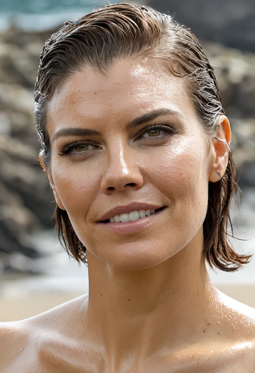  high quality  Erotic paparazzi  shot , ( lauren_cohan  , oily face, sensual detailed ultra realistic  skin texture  ) celebrity erotic photograph , nude,  extremely long  hair ,tall figure , smiling ,seductively , piny skin tone:1.4  erotic photoshoot , fit muscular figure , exhausted look, rainy, warm, sunny, shiny sweaty skin, on beach, wet hair, celebrity, female,  woman, hollywood actress,  fleshy muscular woman  , ( natural lights, depth of field, insanely detailed skin texture, hyper detailed features )