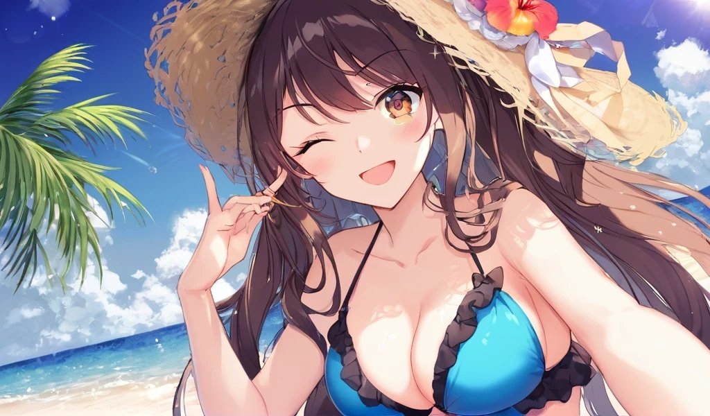 ((Highest quality))(masterpiece))(detailed)sexy ,比基尼, Beach, one eye closed, looking down