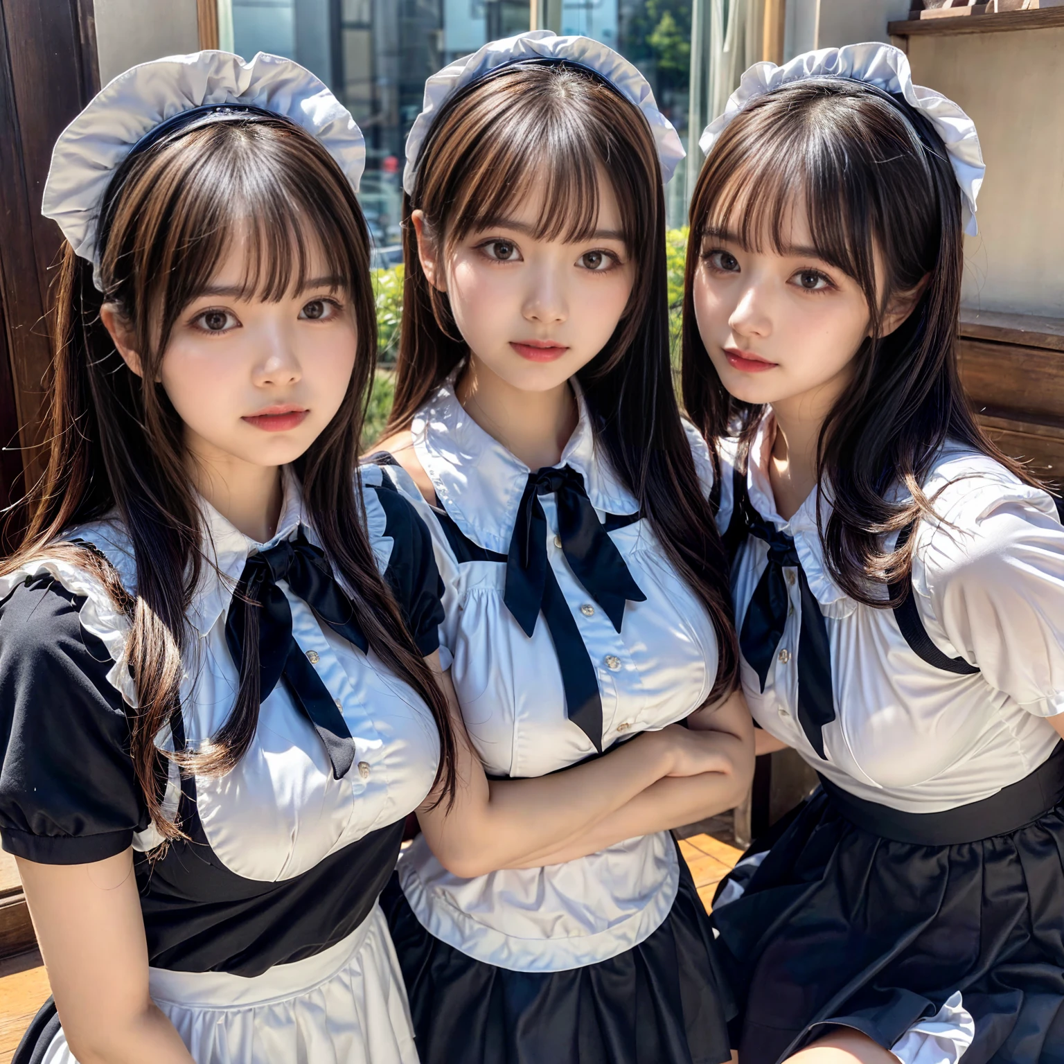 (2girls, twins:1.3), (beauty girls, delicate girls:1.3), (20 years old:1.3),
break, (cute maid uniform, ruffle blouse, pink ribbon tie, skirt:1.2),
break, (maid cafe:1.2),
break, very fine eyes, (symmetrical eyes:1.3),
break, (huge breasts:1.2), brown eyes, parted bangs, brown hair, Voluptuous things,
break, (eyes and faces with detailed:1.0),
break, (masterpiece, best quality, ultra detailed, detailed face, 8k)