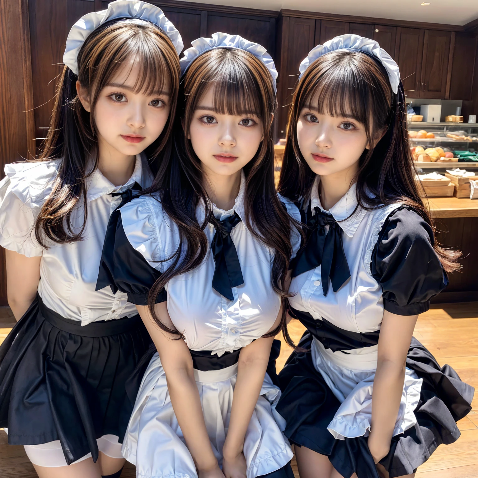 (2girls, twins:1.3), (beauty girls, delicate girls:1.3), (20 years old:1.3),
break, (cute maid uniform, ruffle blouse, pink ribbon tie, skirt:1.2),
break, (maid cafe:1.2),
break, very fine eyes, (symmetrical eyes:1.3),
break, (huge breasts:1.2), brown eyes, parted bangs, brown hair, Voluptuous things,
break, (eyes and faces with detailed:1.0),
break, (masterpiece, best quality, ultra detailed, detailed face, 8k)