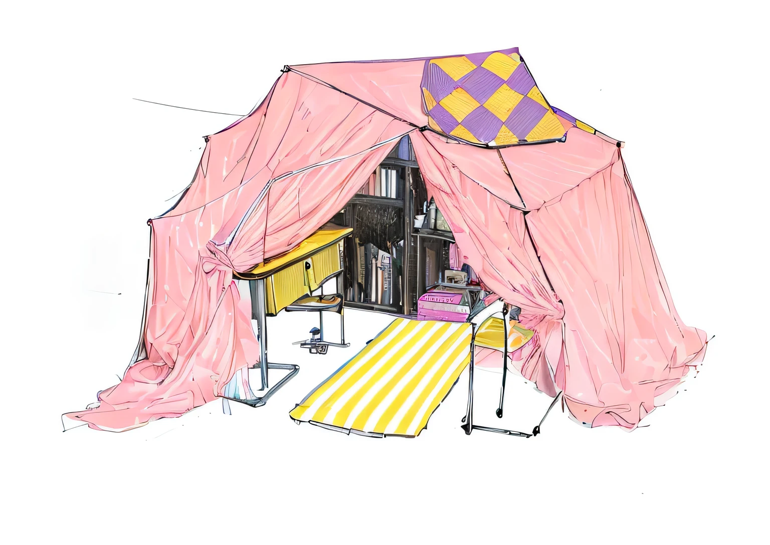 he image portrays a simple yet charming scene of a pink tent set up over a desk, complete with a black chair and a yellow and white striped rug.