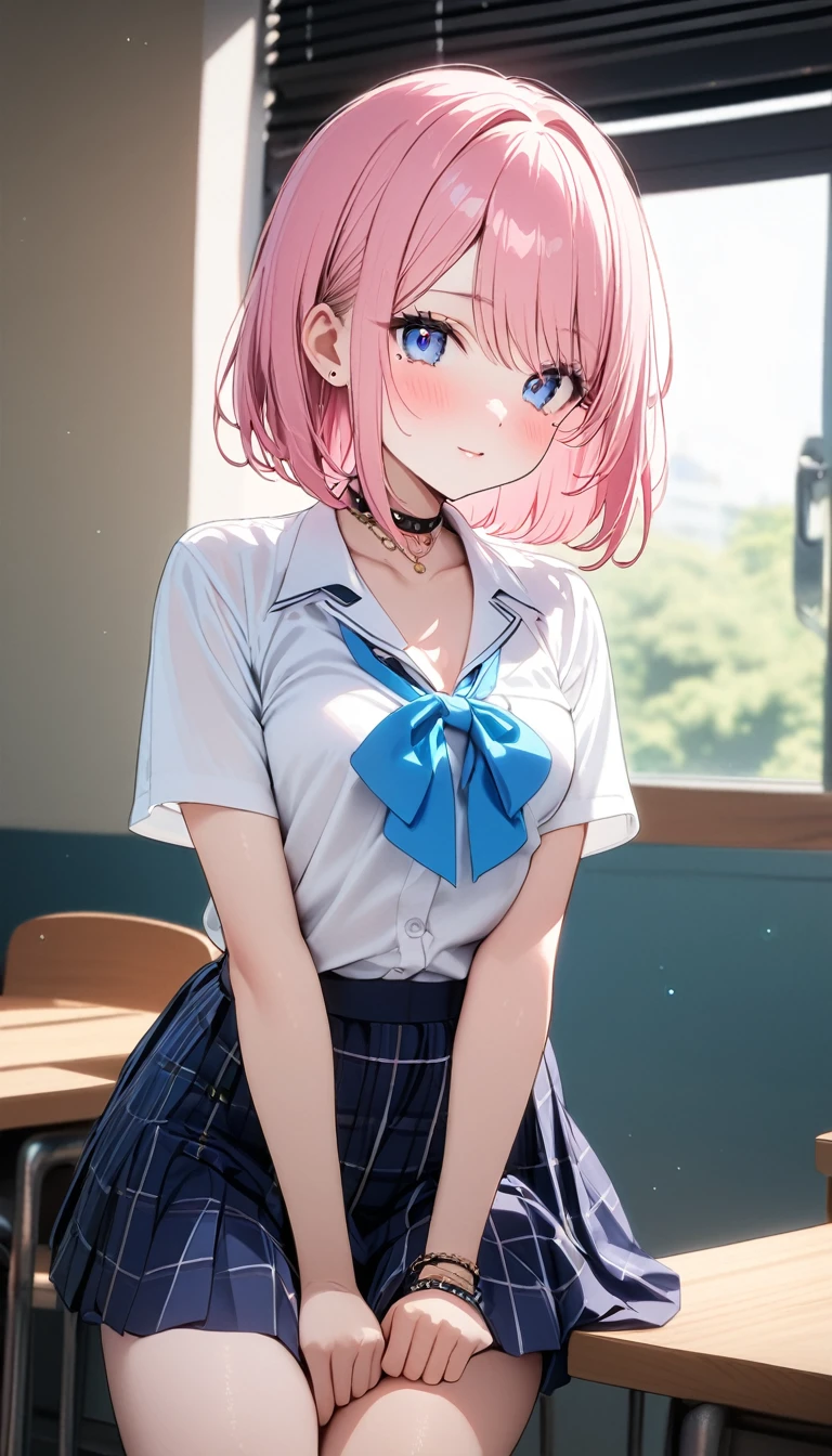 (1 girl),(Best Picture Quality, 8K, Masterpiece:1.3), (high school student:1.5), ((pink lob hair:1.1)), (bob cut),(swept bangs), (cute eyes, pupil black, iris skyblue, youthful face), (mole under right eye), (standard weight), (small breasts), (glistening skin:1.1),(pale skin:1.2), ((Gyaru fashion:1.4), white short sleeve shirt, darkblue skirt)),
