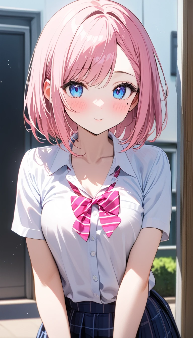 (1 girl),(Best Picture Quality, 8K, Masterpiece:1.3), (high school student:1.5), ((pink lob hair:1.1)), (bob cut),(swept bangs), (cute eyes, pupil black, iris skyblue, youthful face), (mole under right eye), (standard weight), (small breasts), (glistening skin:1.1),(pale skin:1.2), ((Gyaru fashion:1.4), white short sleeve shirt, darkblue skirt)),