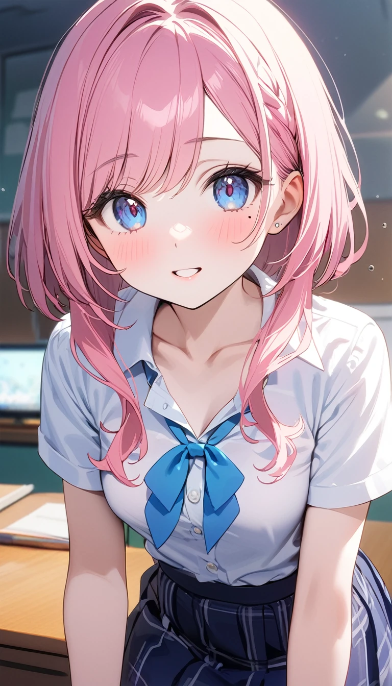 (1 girl),(Best Picture Quality, 8K, Masterpiece:1.3), (high school student:1.5), ((pink lob hair:1.1)), (bob cut),(swept bangs), (cute eyes, pupil black, iris skyblue, youthful face), (mole under right eye), (standard weight), (small breasts), (glistening skin:1.1),(pale skin:1.2), ((Gyaru fashion:1.4), white short sleeve shirt, darkblue skirt)),
