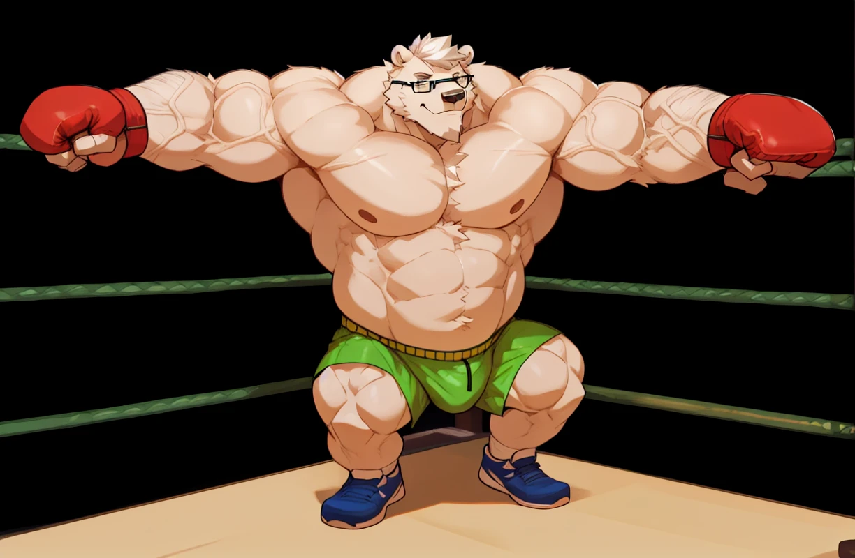 solo, 1boy, Huge Muscular Daddy White Polar Bear wearing glasses, huge white fur, pectoral, huge pectoral, wide pectoral, short white hair, blue colored gym short pants, blue colored wrapped hands and shirtless and toppless, white bearded, white Mustache, white fur, gym background, boxing training, veins popping masterpiece, high detailed, 8k, high resolution, at the gym, sparring 