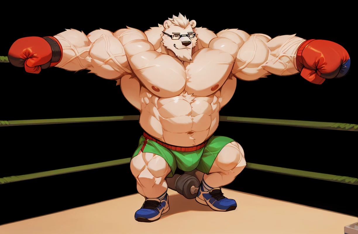 solo, 1boy, Huge Muscular Daddy White Polar Bear wearing glasses, huge white fur, pectoral, huge pectoral, wide pectoral, short white hair, blue colored gym short pants, blue colored wrapped hands and shirtless and toppless, white bearded, white Mustache, white fur, gym background, boxing training, veins popping masterpiece, high detailed, 8k, high resolution, at the gym, sparring