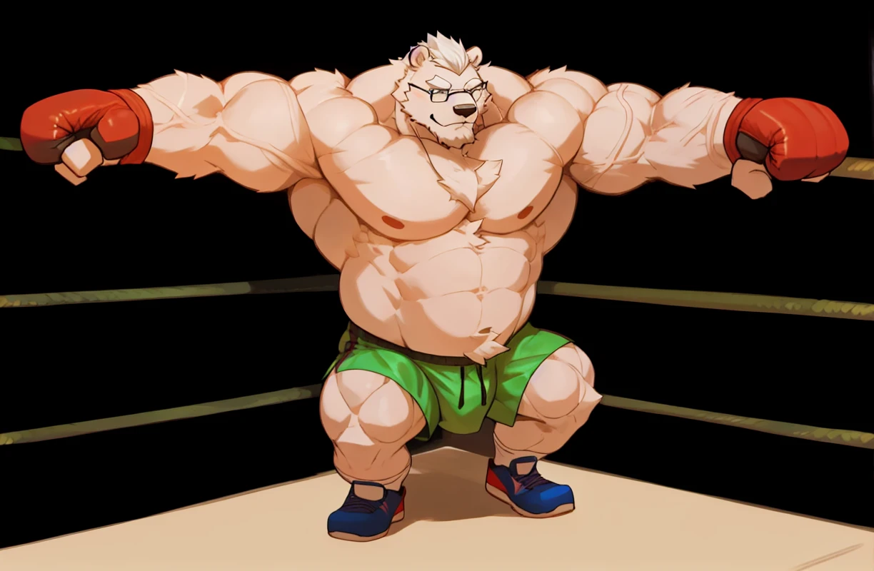 solo, 1boy, Huge Muscular Daddy White Polar Bear wearing glasses, huge white fur, pectoral, huge pectoral, wide pectoral, short white hair, blue colored gym short pants, blue colored wrapped hands and shirtless and toppless, white bearded, white Mustache, white fur, gym background, boxing training, veins popping masterpiece, high detailed, 8k, high resolution, at the gym, sparring