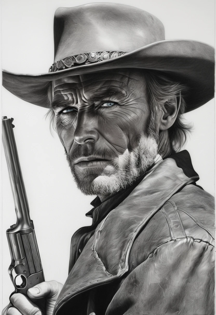 portrait, [:light Blue:15] eyes, Intricate lines, highly detailed, B&EM, monochrome, black and white, graphite, pencil painting, charcoal, (High contrast:1.1), An Old West gunslinger, with a determined look and a gun in his he. The image is inspired by the works of Clint Eastwood, such as "The Lone Gunman" and "The Good, the Bad and the Ugly". The gunslinger must have an air of mystery and danger, as if he were about to face a deadly duel. Colors must be vibrant and contrasting, like those of Alphonse Mucha. The details must be delicate and complex, like Mucha's. The strokes should be thick and almost erased, like street art prints. The lines that delimit shapes should privilege more gross and straight angles.