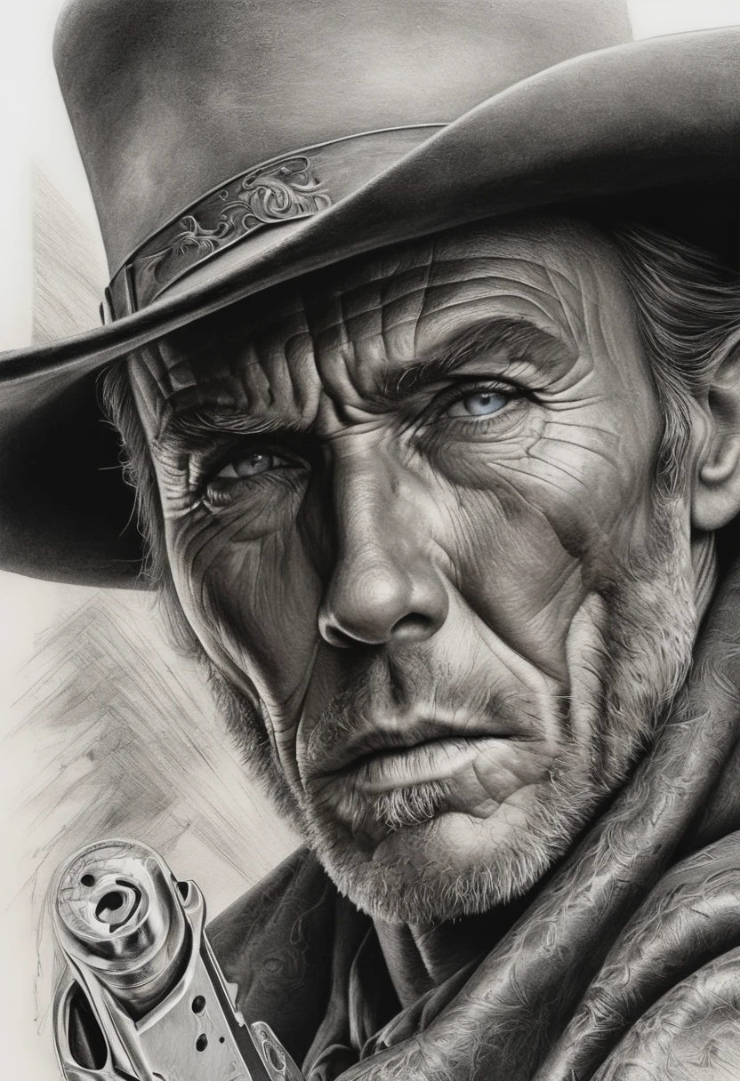 portrait, [:light Blue:15] eyes, Intricate lines, highly detailed, B&EM, monochrome, black and white, graphite, pencil painting, charcoal, (High contrast:1.1), An Old West gunslinger, with a determined look and a gun in his he. The image is inspired by the works of Clint Eastwood, such as "The Lone Gunman" and "The Good, the Bad and the Ugly". The gunslinger must have an air of mystery and danger, as if he were about to face a deadly duel. Colors must be vibrant and contrasting, like those of Alphonse Mucha. The details must be delicate and complex, like Mucha's. The strokes should be thick and almost erased, like street art prints. The lines that delimit shapes should privilege more gross and straight angles.