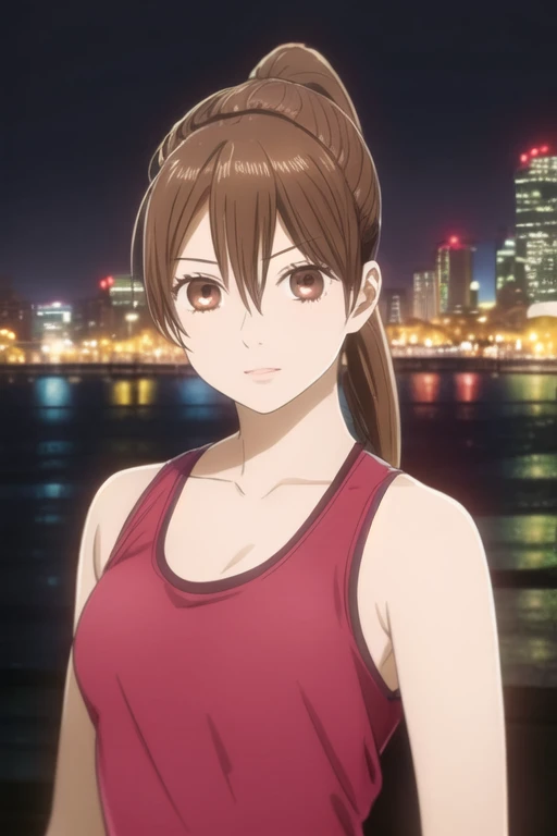 masterpiece, best quality, ultra-detailed, 1girl, solo, looking front at viewer, chihaya_ayase, brown hair, brown eyes, bikini ,ponytail ,upper body,city lights on background, half tank top
