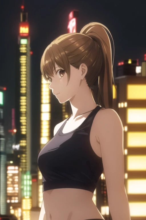 masterpiece, best quality, ultra-detailed, 1girl, solo, looking front at viewer, chihaya_ayase, brown hair, brown eyes, bikini ,ponytail ,upper body,city lights on background, half tank top
