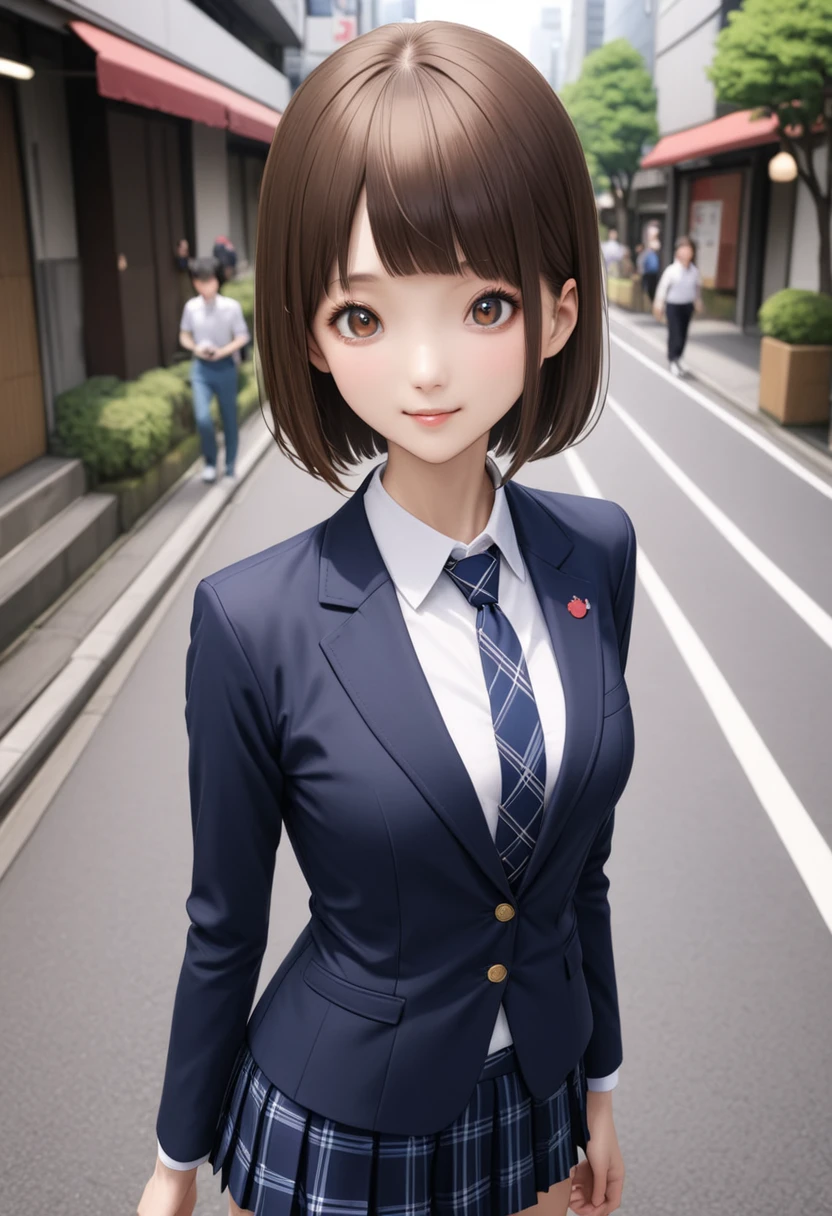 realistic,(masterpiece,Highest quality:1.3,best quality illustration),cowboy shot,1woman,20 year old Japanese beauty,very small head,(short bob brown hair),bangs,brown eyes,gorgeous eyes,blush,smile,medium breasts,((very long body:1.3)),((toned body,slender body,skinny:1.4)),(School uniform、Dark blue blazer jacket、White shirt、Navy blue tie、Dark blue plaid pleated mini skirt),gleaming skin,shiny skin,standing,on street、Tokyo,