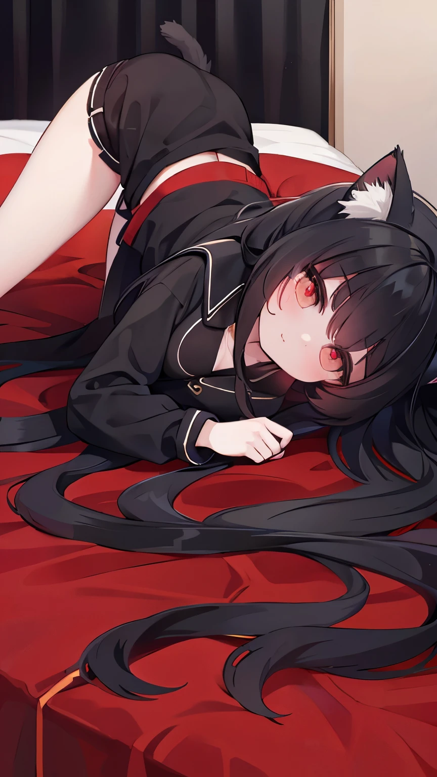 Black long hair,Cat Ear Girl,Red Eyes,Lying in bed,Hips,