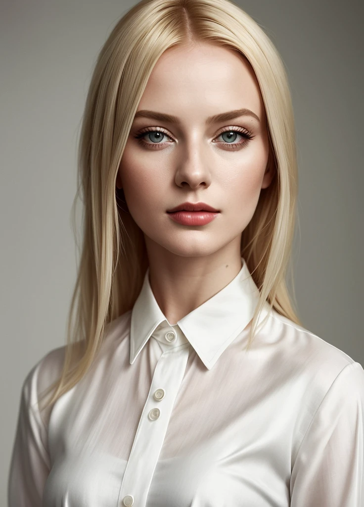 portrait of sks woman by Flora Borsi, style by Flora Borsi, bold, bright colours, long blonde haircut,wearing white silk shirt, ((Flora Borsi)),