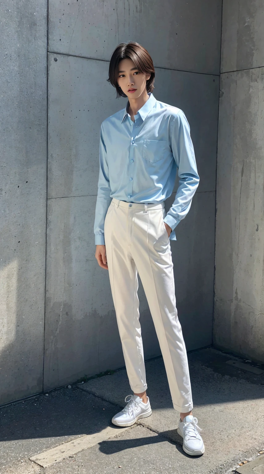 Japanese male with a height of 175 cm,Slender body with slightly muscular lines。Roll up light blue long sleeve shirt,Wearing white fine pants。Wearing all-white sneakers,Wearing a high-end watch。While looking at the phone,While waiting for my girlfriend。Good appearance from the side,hair is brown,Realistic shadows