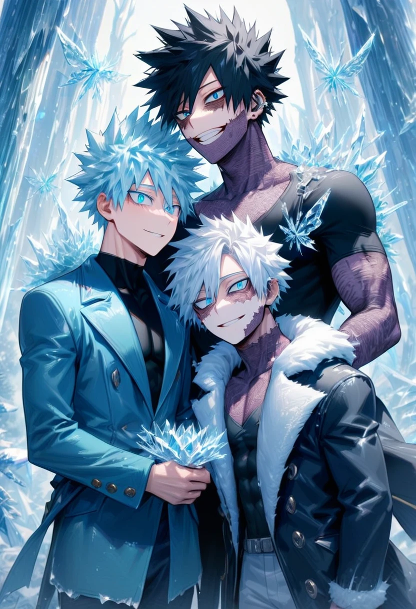 absurdres, highres, ultra detailed, HDR, master piece, best quality, extremely detailed face, delicated features, Dabi, black hair, expressive turquoise eyes, Boku No Hero Academia, Gojou Satoru, white hair, expressive blue eyes, white eyelashes, two sexy men together, gay couple, yaoi, handsome, smiling, blue jacket with fur, black T-shirt, black coat, fantasy, magical, ice, ice butterflies, snowflakes, ice forest, ice flowers, starry sky, ice style