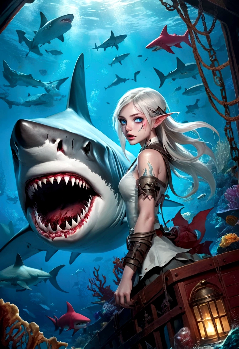 Fantasy Undersea，Shark Elf Girl，blue eyes，Sharp Fangs，Shark fin feature on back，look back,Blood stains at the corners of mouth，fierce，Gothic Art，Dark Wind，Dilapidated cabin of a sunken ship