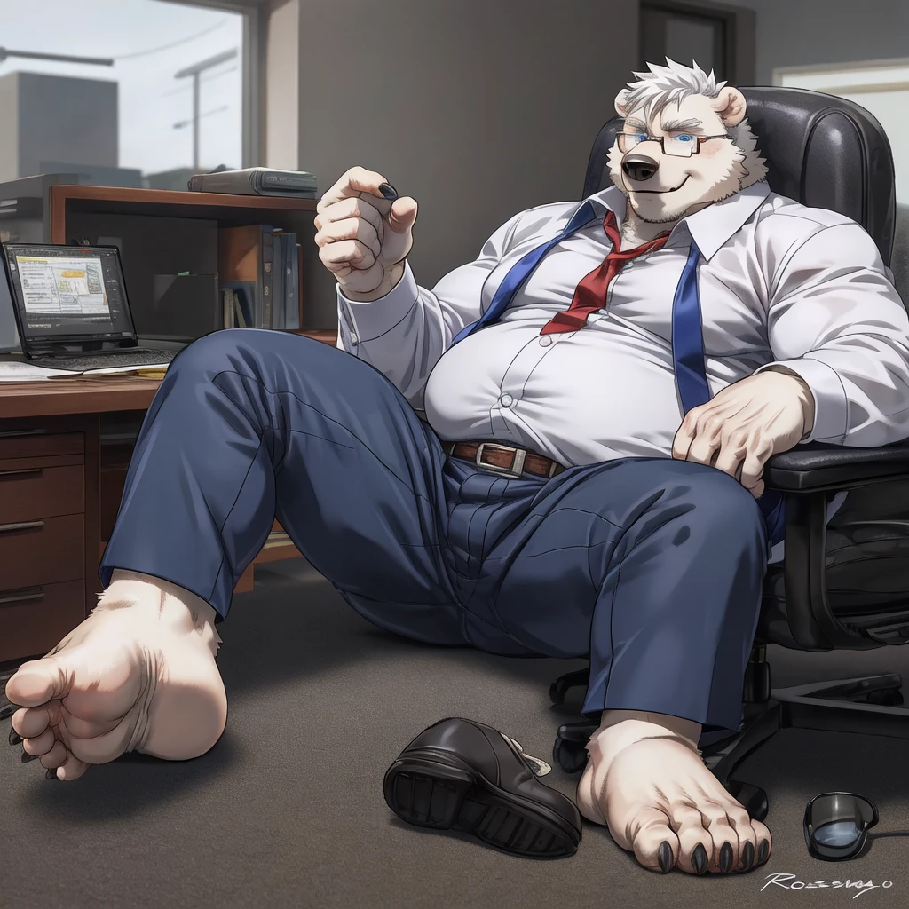chubby polar bear  male dad office suit  opening white shirt slighly  well built , blue eyes glasses, head crest white hair, levitating relaxing  spread legs, detailed feet five toes  with white  sock, disney profile, full body smug , kemono , high quality , by rossciaco