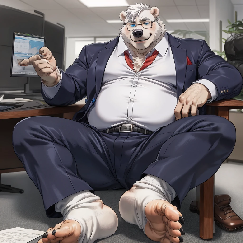 chubby polar bear  male dad office suit  opening white shirt slighly  well built , blue eyes glasses, head crest white hair, levitating relaxing  spread legs, detailed feet five toes  with white  sock, disney profile, full body smug , kemono , high quality , by rossciaco