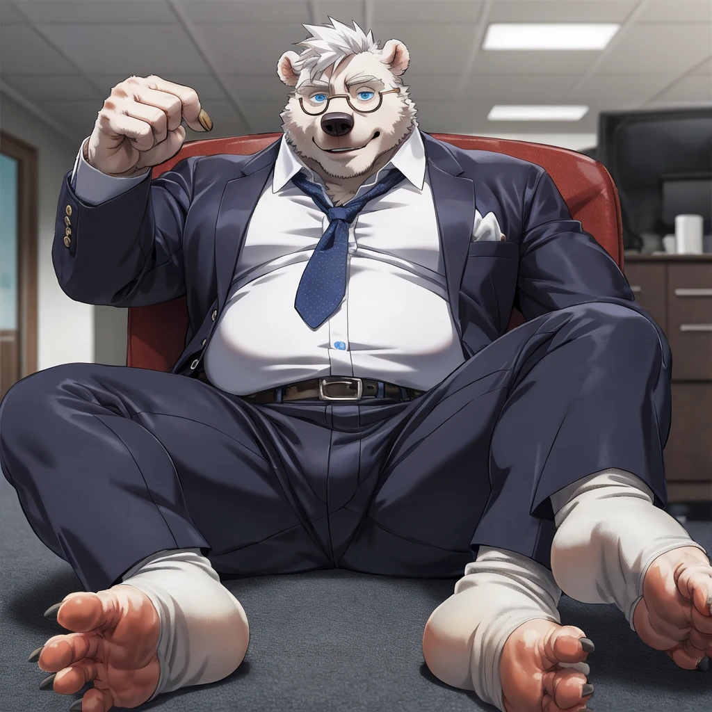 chubby polar bear  male dad office suit  opening white shirt slighly  well built , blue eyes glasses, head crest white hair, levitating relaxing  spread legs, detailed feet five toes  with white  sock, disney profile, full body smug , kemono , high quality , by rossciaco