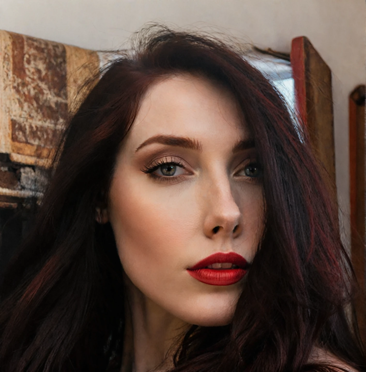 arafed woman with long dark hair and red hair, with pale skin, profile image, looking to the side off camera, high quality portrait, pale skin and dark eyes, color portrait, looking to the side, portrait image, sultry look, anastasia ovchinnikova, inspired by Jessie Alexandra Dick, headshot profile picture, tiffany dover