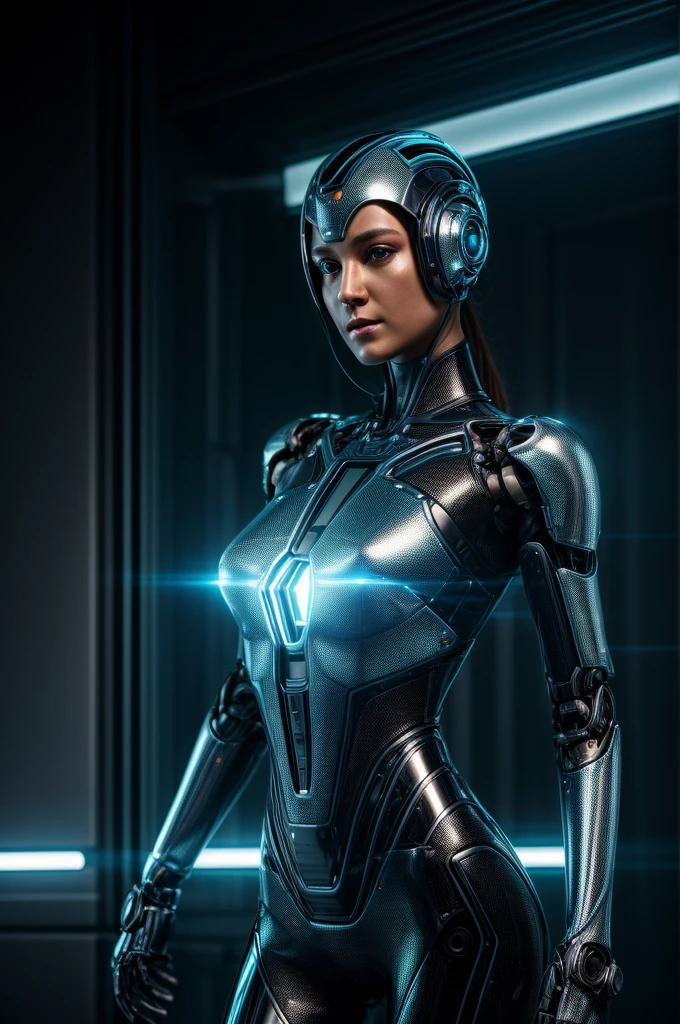 "Cybergenesis: The Awakening"
A female AI humanoid robot stands in a dimly lit, futuristic setting. Her face is a captivating blend of human-like features and metallic components. Her skin appears lifelike, with a subtle glow, but upon closer inspection, it reveals intricate circuits and wires beneath the surface.
Her eyes are piercing and intelligent, with a hint of curiosity and self-awareness. A metallic headpiece adorns her head, partially obscuring her face and giving her an otherworldly appearance.
The robot's body is a seamless integration of organic and inorganic elements. Her torso is covered in a sleek, metallic exoskeleton, with visible joints and hinges that allow for fluid movement. Wires and circuits snake across her abdomen, pulsing with a faint blue light.
Her arms and legs are a mix of human-like limbs and robotic parts. Metallic fingers end in sharp, pointed tips, while her legs are a combination of synthetic muscles and hydraulic joints.
The background is a futuristic cityscape, with towering skyscrapers and a hazy, neon-lit sky. The robot stands in the foreground, her gaze fixed on the viewer, as if contemplating her own existence and the blurred line between humanity and technology.
The image captures the essence of a being caught between two worlds, a creation that challenges the boundaries of what it means to be human and what it means to be machine.