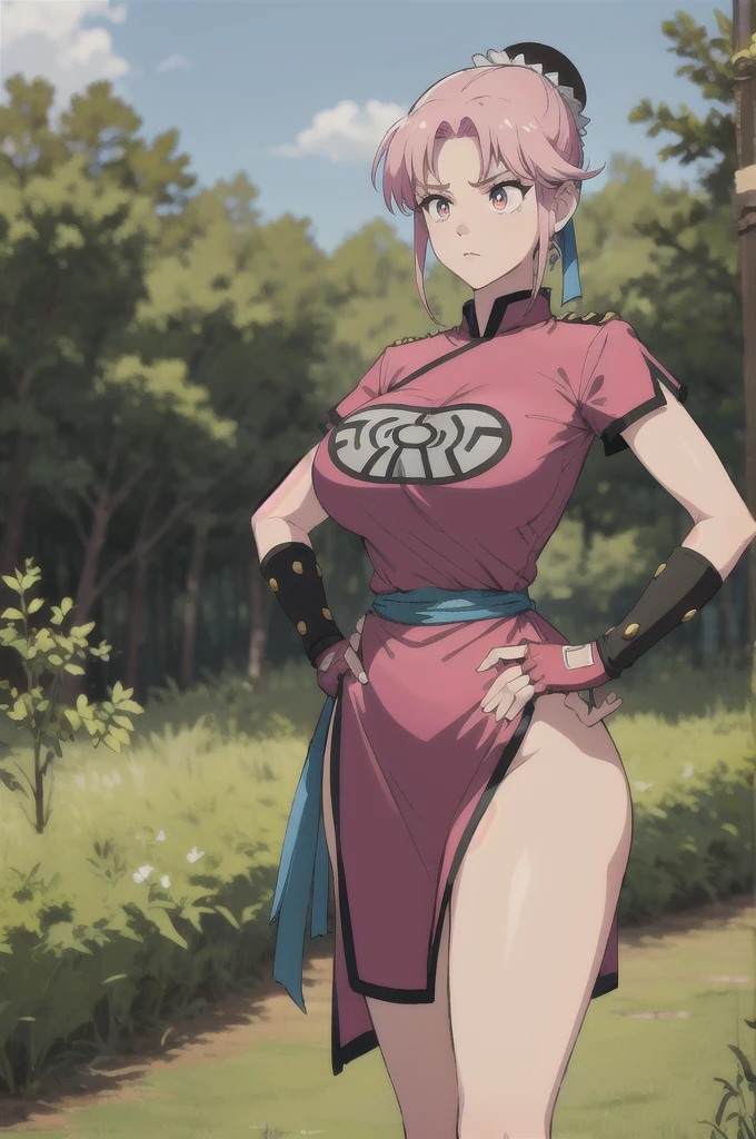 maam,large breasts,beautifuleyes,narrow waist,realistic,solo,outdoor,forest, martialMaam,pink hair,hair bun,long hair, Big Breasts,china red dress,short sleeves,sash,fingerless gloves,beautiful legs,(hands on hips, looking away),