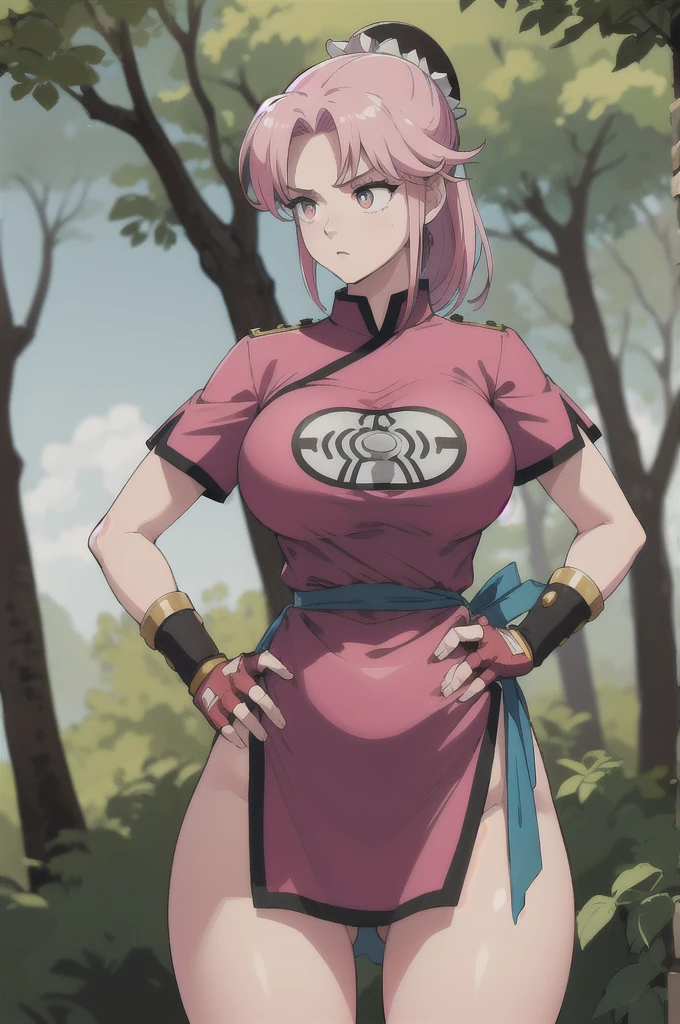 maam,large breasts,beautifuleyes,narrow waist,realistic,solo,outdoor,forest, martialMaam,pink hair,hair bun,long hair, Big Breasts,china red dress,short sleeves,sash,fingerless gloves,beautiful legs,(hands on hips, looking away),