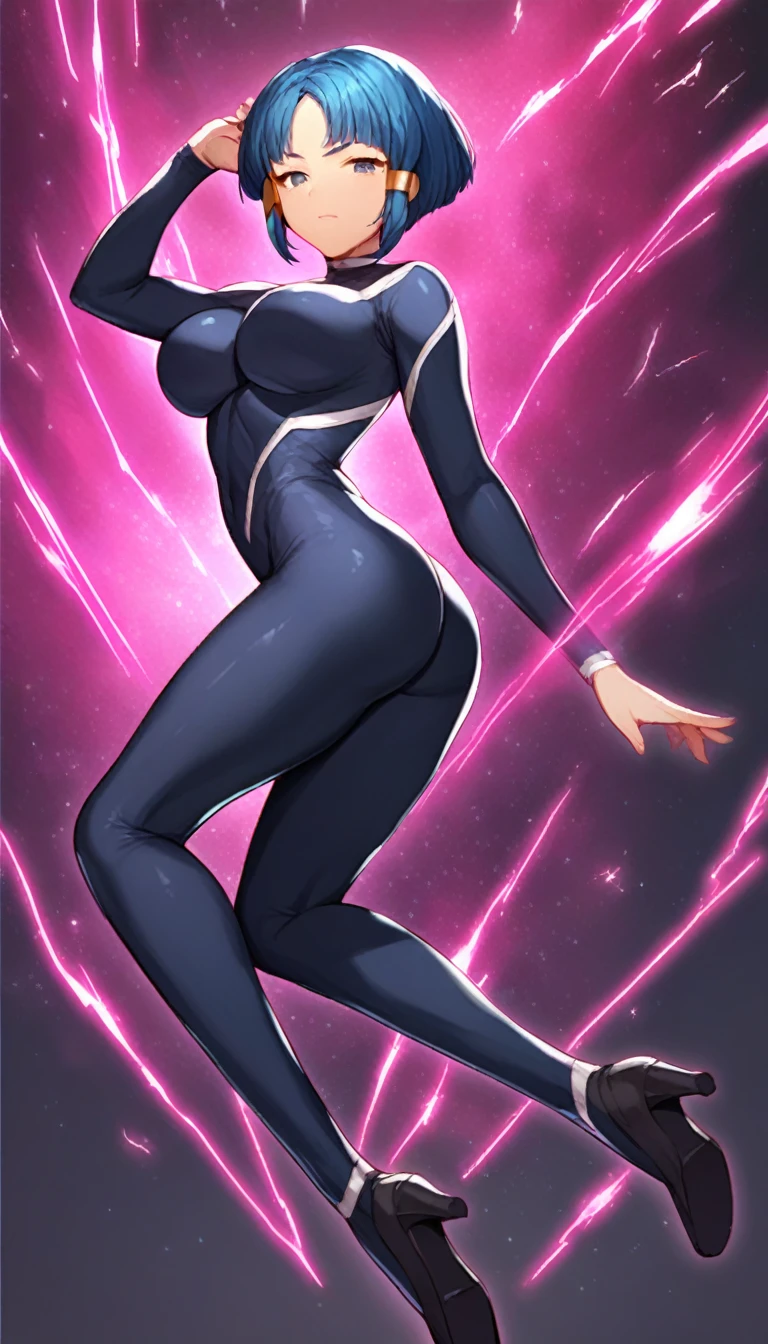 best quality,ultra detailed,solo,score_9, score_8_up, score_7_up, score_6_up, score_5_up, score_4_up, source_anime, 1girl, clara, blue hair, hair tubes, grey eyes, bodysuit,big breasts, standing sexy pose, (behind view,portrait),full body,heavenly ass, heavenly breasts, big ass, no shoes, wearing black heels, upset, face, long legs, tight bodysuit, tight sleeves, black bodysuit, half-closed eyes, backside, charging dark power, charging dark energy, dark energy, using dark power, using energy, using dark energy, charging dark energy, dark aura