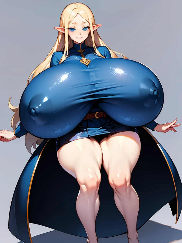 young elf girl, blue eyes, blue Pullover, black long skirt, whole body to see, smiled, excited, moans, blond long hair, sexy pose, ((((very huge breasts)))), wide hips