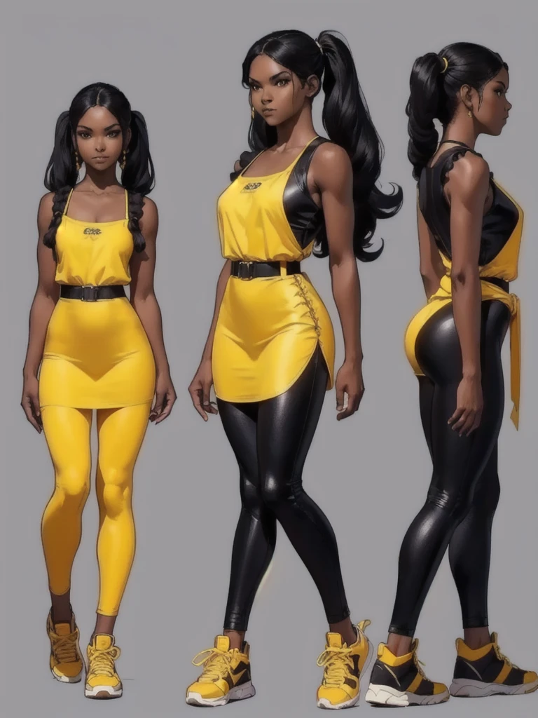 ((best quality)), ((4k)), ((highres)), ((masterpiece:1.2)). ((detailed)), ((ultra realistic)), ((intricate details)), ((full body picture)), ((character design sheet)), ((blank background)), ((standing in a blank background)), full body shot of a beautiful black female, ebony beauty, woman, 18 years old girl, dark brown skin, about 5'5 ft. tall, smirk on her face, ((smirking)), long curly black hair, ((long curly hair)), long hair, high pigtails, (((high pigtails)), dressed in a yellow sleeveless babydoll dress, ((EMPHASIS ON HER YELLOW SLEEVELESS BABYDOLL DRESS)), black leather belt on her waist, black SHINY leggings PANTS and sneakers, fighting game character design, tekken character design, the king of fighters character concept art, character concept art, full body, 18 years old female fighter, girly girl, cute girl, girly fighter character concept art
