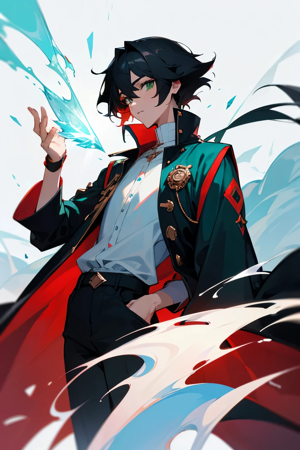 prince, Skinny guy, sorcerer, green eyes, black hair, Red jacket, White shirt, ice magic, , full height