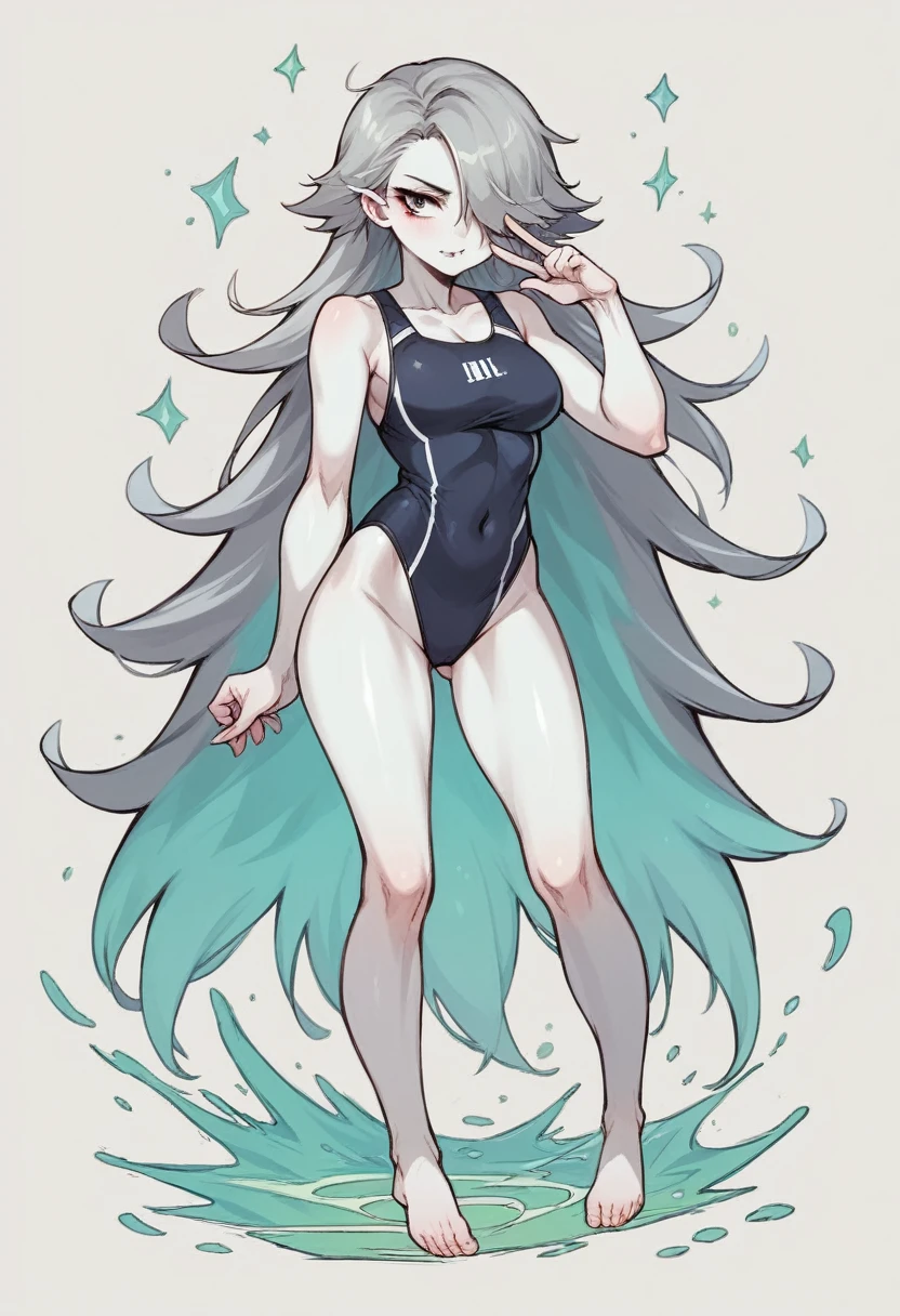 masterpiece,Highest quality,High resolution,shape,Very detailed,8K ,Super adopted, Super detailed girls, Ultra-fine illustrations, break, Anatomically correct, Perfect female body, high school student, One Girl, Black oversized swimsuit, White background, Large Chest, (Emphasis on the crotch)) Gray Hair, (((Full body image))), (Hair on one eye:1.6), (White skin)
