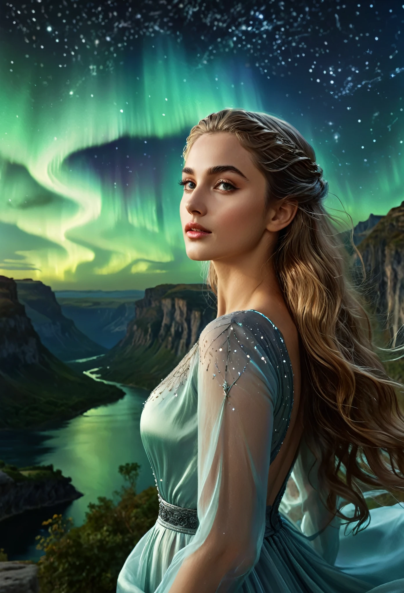 (best quality,4k,8k,highres,masterpiece:1.2), ultra-detailed, (realistic,photorealistic,photo-realistic:1.37),(Numerous award-winning masterpieces, incredibly detailed and textured, maximal resolution and clarity), (Hyper-realistic:1.4)a beautiful girl in the foreground, (She is half French, and is a stunning beauty with detailed eyes and a high nose:1.1), thick eyebrows, detailed facial features, long graceful neck, flowing locks of hair, poised and elegant posture, dreamy atmosphere, Surrealism, mystical aura, Charlie Bowater, 19th-century France, seductive, (detailed landscape of asgard in the background, aurora shining in the sky:1.6), (starry night sky with constellations:1.5), highly detailed, 8k, ultra-detailed, photorealistic, masterpiece, (natural lighting:1.4)