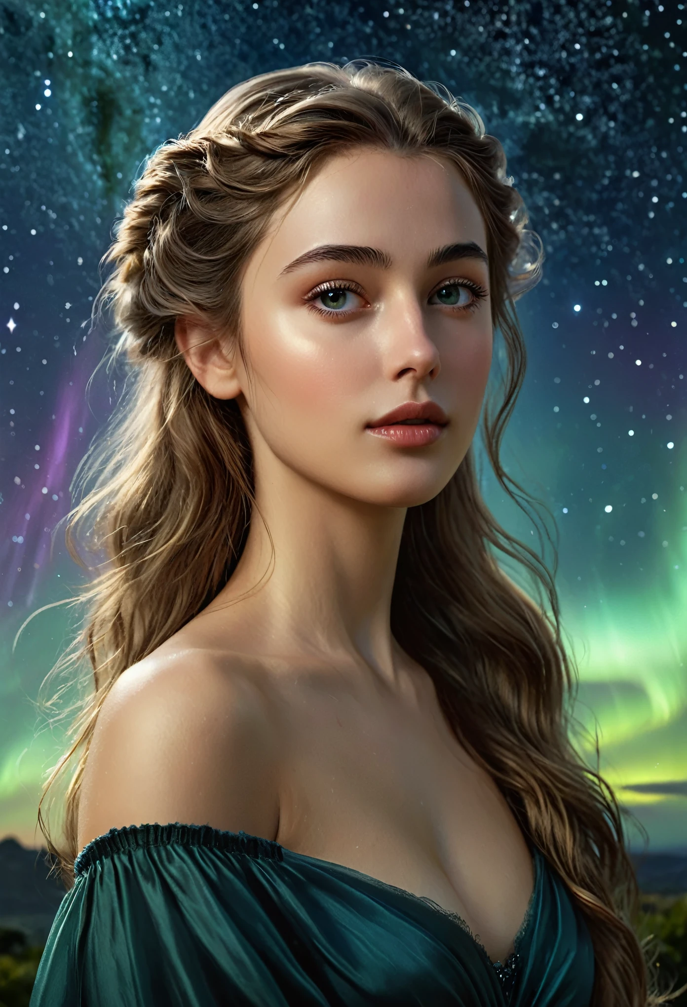 (best quality,4k,8k,highres,masterpiece:1.2), ultra-detailed, (realistic,photorealistic,photo-realistic:1.37),(Numerous award-winning masterpieces, incredibly detailed and textured, maximal resolution and clarity), (Hyper-realistic:1.4)a beautiful girl in the foreground, (She is half French, and is a stunning beauty with detailed eyes and a high nose:1.1), thick eyebrows, detailed facial features, long graceful neck, flowing locks of hair, poised and elegant posture, dreamy atmosphere, Surrealism, mystical aura, Charlie Bowater, 19th-century France, seductive, (detailed landscape of asgard in the background, aurora shining in the sky:1.6), (starry night sky with constellations:1.5), highly detailed, 8k, ultra-detailed, photorealistic, masterpiece, (natural lighting:1.4)
