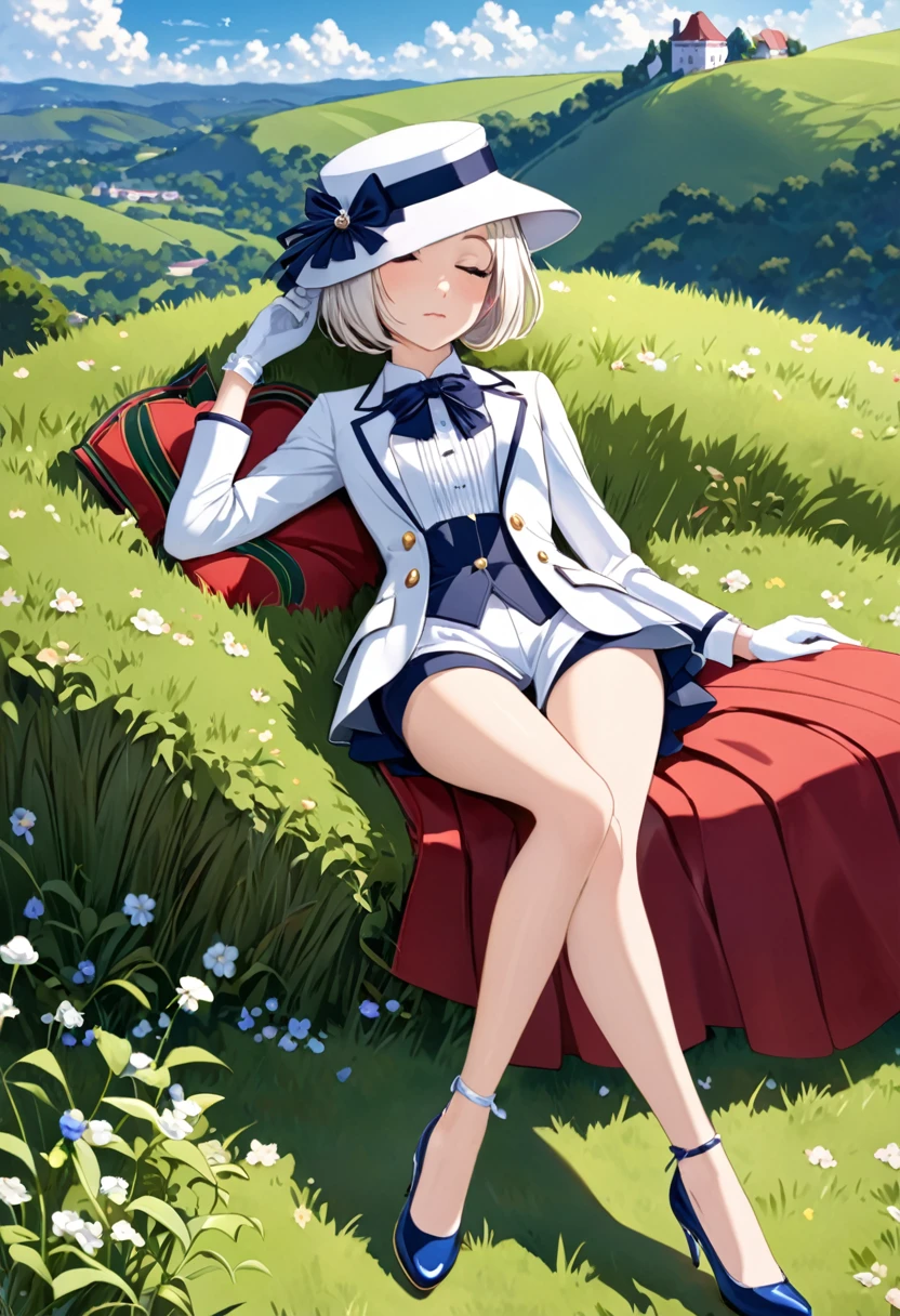 high quality, female, pale hair, Short Bob, Blue Eyes, Small breasts Shorts, French formal wear, frilled tie, Jacket, silk hat, White gloves,Ruffled heels, Sleeping, hill