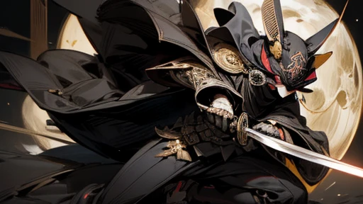 masterpiece,best quality,super detailed,super fine illustration,anime style,8K,mascarede mask,uniform,military cap,Cape,sheath,)holding in right hand:1.3_katana),Taisho Romance,moon,robot,MECA,droid,Luo Linghun,perfect mask,cool posing,perfect hands,