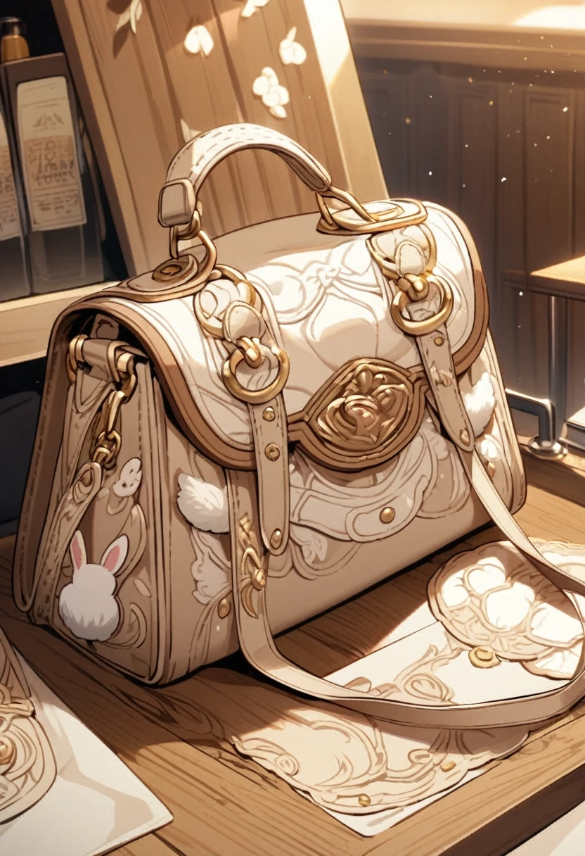 a extremely detailed light brown purse with bunny designs and white fluff