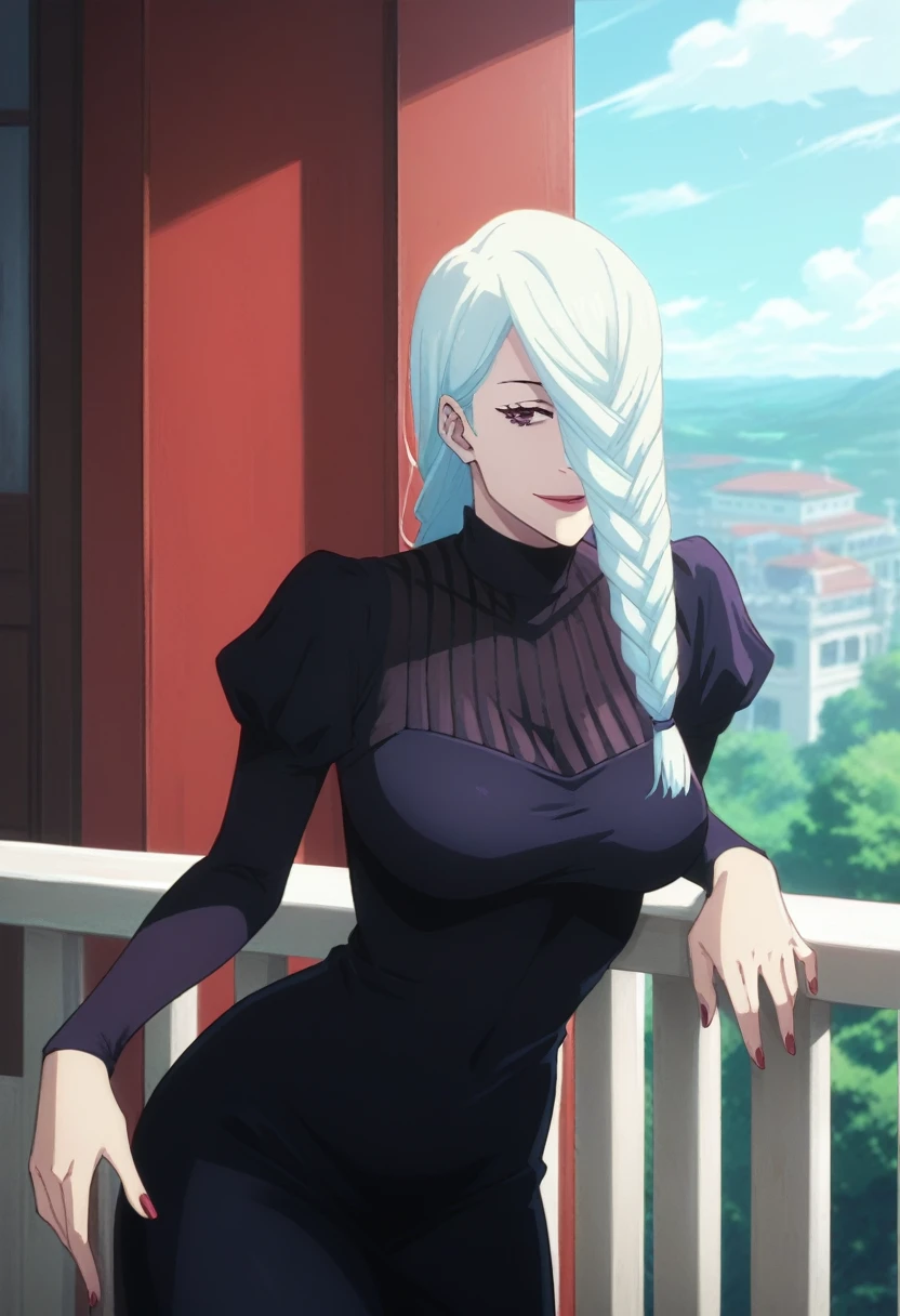 score_9, score_8_up, score_7_up, score_6_up, h1m3n0, 1girl, , mature female,  Mei Mei , white braided hair, hair over one eye, black tight dress, seductive smile, balcony, seductive pose